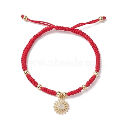 Golden Tone Sun Brass Micro Pave Clear Cubic Zirconia Charm Bracelets, Adjustable Nylon Cord Bracelets for Women, Red, Inner Diameter: 2~2-3/4 inch(5~7cm)(BJEW-JB10599)