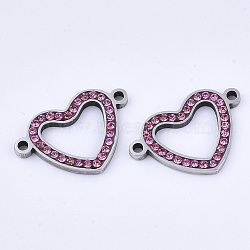 304 Stainless Steel Links connectors, with Rhinestone, Heart, Stainless Steel Color, Rose, 14x21x2mm, Hole: 1.5mm(STAS-N087-15B-P)