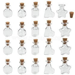 20Pcs 5 Styles Mini High Borosilicate Glass Bottle Bead Containers, Wishing Bottle, with Cork Stopper, Star & Heart & Round, Mixed Shapes, Clear, 2.3~2.4x1.6~2.1cm, 4pcs/style(BOTT-YW0001-02)