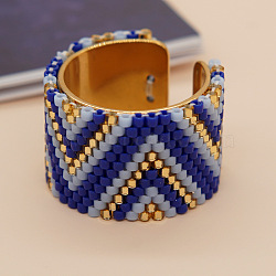 Adjustable Bohemian Style 304 Stainless Steel and Glass Seed Beads Cuff Rings, Dark Blue, Inner Diameter: 20mm(FS-WG09053-06)