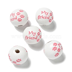 Printed Wood European Beads, Round with Word Pattern, Light Coral, 15.5~16mm, Hole: 4~4.5mm(WOOD-G022-20C)