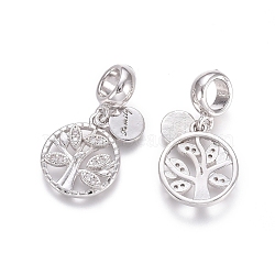 Brass Micro Pave Cubic Zirconia European Dangle Charms, Large Hole Pendants, Flat Round with Tree and Word Family, Clear, Platinum, 24.5mm, Flat Round: 8x6x1mm, Tree: 15x13x2mm, Hole: 5mm(X-ZIRC-E163-06P)