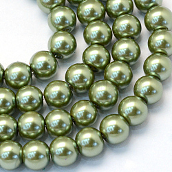 Baking Painted Pearlized Glass Pearl Round Bead Strands, Olive Drab, 8~9mm, Hole: 1mm, about 100~105pcs/strand, 31.4 inch(HY-Q330-8mm-49)