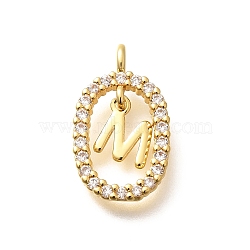 Brass Micro Pave Cubic Zirconia Pendants, Real 18K Gold Plated, Oval with Letter Charms, Letter M, 18.5x11x3.5mm, Hole: 2x1.5mm(ZIRC-P123-01G-M01)