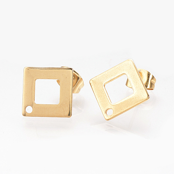 304 Stainless Steel Stud Earring Findings, Ear Nuts/Earring Backs, Rhombus, Real Gold Plated, 14x14mm, Hole: 1mm, Pin: 0.8mm,