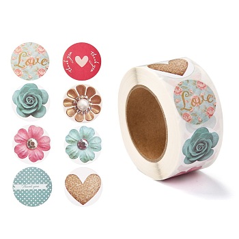 3D Flower & Heart Pattern Roll Stickers, Self-Adhesive Paper Gift Tag Stickers, for Party, Decorative Presents, Mixed Color, 6.3x2.85cm