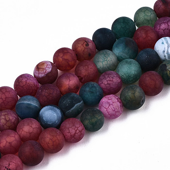 Natural Crackle Agate Beads Strands, Frosted, Dyed & Heated, Round, Colorful, 6mm, Hole: 0.8mm, about 63pcs/strand, 14.96 inch(38cm)