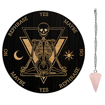 AHADEMAKER 1Pc Cone/Spike/Pendulum Natural Rose Quartz Stone Pendants, 1Pc 304 Stainless Steel Cable Chain Necklaces, 1Pc PVC Custom Pendulum Board, Dowsing Divination Board, Skull Pattern, Board: 200x4mm