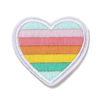 Heart & Rainbow Stripe Appliques, Computerized Embroidery Cloth Iron on/Sew on Patches, Costume Accessories, Colorful, 59x60.5x1.5mm