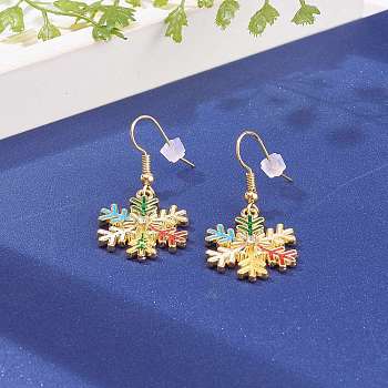 Alloy Enamel Snowflake Dangle Earrings for Christmas, with Rhinestone, Brass Earring Hooks & Ear Nuts, Colorful, Golden, 40mm, Pin: 0.5mm