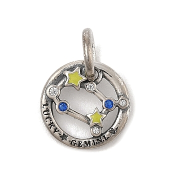 Luminous 925 Sterling Silver Rhinestone Constellation Charms, Glow in the Dark Enamel Constellation Charms with Oval Jump Rings, Antique Silver, Gemini, 11.5x2mm, Hole: 4x5mm