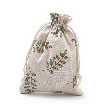 Polycotton(Polyester Cotton) Packing Pouches Drawstring Bags, with Printed Leaf, Teal, 18x13cm