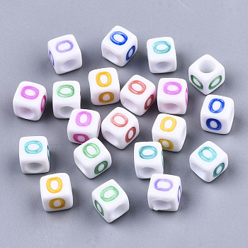 Opaque White Acrylic Beads, with Enamel, Horizontal Hole, Cube with Mixed Color Letter, Letter.O, 6x6x6mm, Hole: 3mm, about 2900pcs/500g