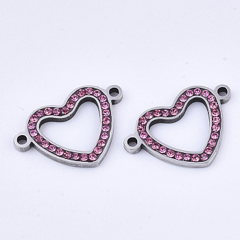 304 Stainless Steel Links connectors, with Rhinestone, Heart, Stainless Steel Color, Rose, 14x21x2mm, Hole: 1.5mm