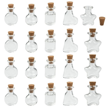 20Pcs 5 Styles Mini High Borosilicate Glass Bottle Bead Containers, Wishing Bottle, with Cork Stopper, Star & Heart & Round, Mixed Shapes, Clear, 2.3~2.4x1.6~2.1cm, 4pcs/style