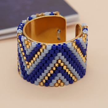 Adjustable Bohemian Style 304 Stainless Steel and Glass Seed Beads Cuff Rings, Dark Blue, Inner Diameter: 20mm