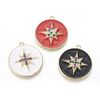Golden Plated Brass Micro Pave Colorful Cubic Zirconia Pendants, with Enamel, Flat Round with Shining Star, Mixed Color, 28x25x3mm, Hole: 1.8mm