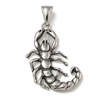 316 Surgical Stainless Steel Pendants, Scorpion Charm, Antique Silver, 38x24x4mm, Hole: 4x8mm