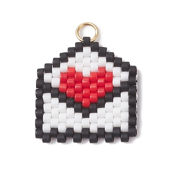 Beaded Heart Envelope Charms, Loom Pattern Glass Seed Beads Pendants, with 304 Stainless Steel Jump Rings, Red, 18x17.5x2mm, Hole: 2.5mm