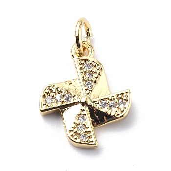 Brass Micro Pave Cubic Zirconia Charms, with Jump Ring, Windmill/Pinwheel Charms, Real 18K Gold Plated, 14x12x2mm, Hole: 3.2mm