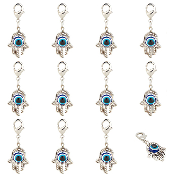 Resin Pendant Decoration, Brass Lobster Clasps Charm, Clip-on Charm, for Keychain, Purse, Backpack Ornament, Hamsa Hand/Hand of Miriam with Evil Eye, Antique Silver, 42mm, 12pcs/set