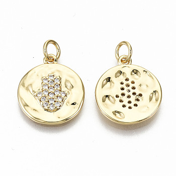 Hammered Brass Micro Pave Clear Cubic Zirconia Pendants, with Jump Rings, Nickel Free, Flat Round with Hamsa Hand/Hand of Fatima/Hand of Miriam, Real 16K Gold Plated, 17x15x2mm, Jump Ring: 5x0.8mm, 3.4mm inner diameter