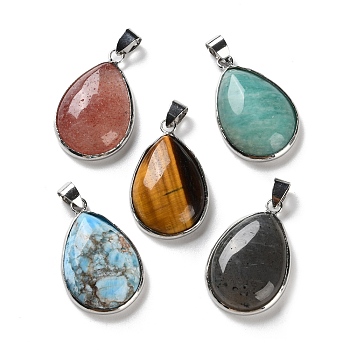 Natural & Synthetic Mixed Gemstone Pendants, Rack Plating Brass Teardrop Charms, Platinum, Long-Lasting Plated, Lead Free & Cadmium Free, 30x19.5x6~7mm, Hole: 4x5mm