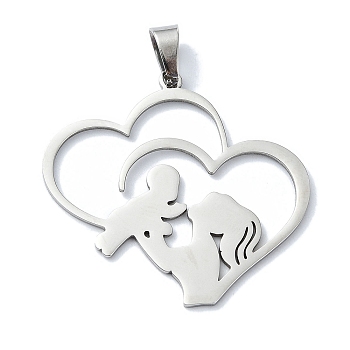 304 Stainless Steel Pendants, Laser Cut, Heart with Mother & Child Charms, Stainless Steel Color, 34x36x1mm, Hole: 7x4mm