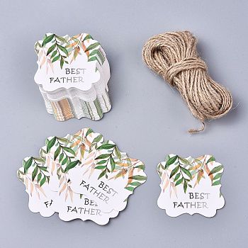 Floral Pattern Paper Gift Tags, Hang Tags, with Jute Twine, Square with Word Best Father, Green, 5x5x0.05cm, Hole: 4mm, 50pcs/set