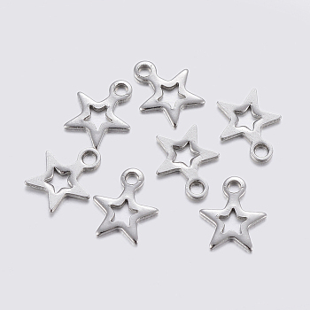 304 Stainless Steel Charms, Cut-Out, Star, Stainless Steel Color, 8.5x7x0.8mm, Hole: 1~1.2mm