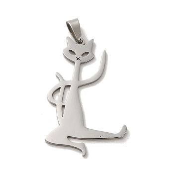 304 Stainless Steel Pendants, Laser Cut, Kung Fu Cat Charm, Stainless Steel Color, 34x21x1mm, Hole: 6x3mm
