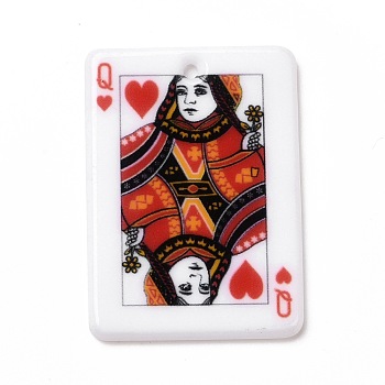 Printed Acrylic Pendants, Rectangle with Playing Cards Pattern, Queen of Hearts, Colorful, 36x25.5x2mm, Hole: 1.8mm