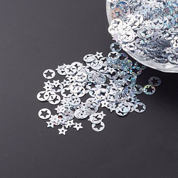 Ornament Accessories Plastic Paillette/Sequins Beads, Flat Round with Star, Silver, 6x0.1mm