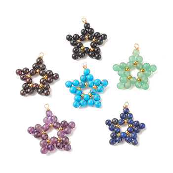 Natural Gemstone Pendants, with Eco-Friendly Light Gold Tone Copper Wire Wrapped, Star, Mixed Color, 28x26x4mm, Hole: 2mm