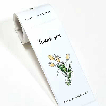 Thank You Theme PVC Self Adhesive Stickers, Waterproof Flower Decals for Gift Sealing, Rectangle, White, 15x6cm, 50pcs/roll