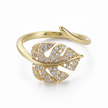 Brass Micro Pave Clear Cubic Zirconia Cuff Rings, Open Rings, Nickel Free, Leaf, Real 16K Gold Plated, US Size 6 3/4(17.1mm)