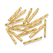 Opaque Glass Twisted Bugle Beads, Round Hole, Golden Plated, 25~26x2.5mm, Hole: 1mm, about 1500pcs/bag(SEED-T005-15-B03)