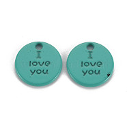 Spray Painted Alloy Charms for Valentine's Day, Cadmium Free & Lead Free, Flat Round with Phrase I Love You, Light Sea Green, 13x13x1.5mm, Hole: 1.6mm(PALLOY-Q433-027I-RS)