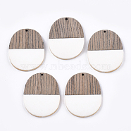 Resin & Wenge Wood Pendants, Oval, White, 44.5x34.5~35.5x3~4mm, Hole: 2mm(RESI-T023-01L)