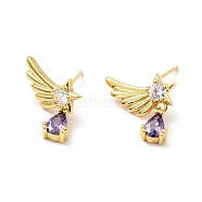 Purple Cubic Zirconia Wing with Teardrop Dangle Stud Earrings, Brass Jewelry for Women, Cadmium Free & Nickel Free & Lead Free, Real 18K Gold Plated, 15x14mm, Pin: 0.7mm(EJEW-G297-01G)