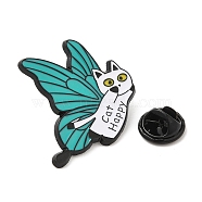 Cat with Butterfly Wing Enamel Pins, Electrophoresis Black Plated Alloy Brooch, White, 28x28x1.5mm(JEWB-I026-03C)
