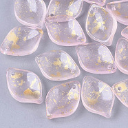 Transparent Spray Painted Glass Pendants, with Glitter Powder, Frosted, Petal, Pink, 19x13x4.5mm, Hole: 1mm(GLAA-T017-04-A03)