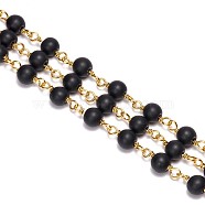 3.28 Feet Handmade Glass Beaded Chains, Unwelded, with Brass Findings, Frosted, Round, Golden, Black, 6mm(X-CHC-F007-04G)