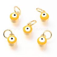Brass Enamel Pendants, Long-Lasting Plated, Real 18K Gold Plated, with Jump Rings, Column with Evil Eye, Yellow, 7x3.5x4.5mm,Jump Ring: 5x0.6mm, 3mm inner diameter.(KK-Y001-02B-10G)