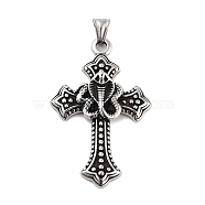 Retro 304 Stainless Steel Big Pendants, Cross with Snake Charm, Antique Silver, 61x39x7mm, Hole: 9x4mm(STAS-I205-39AS-02)