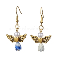 Angel Antique Golden Alloy & Resin Dangle Earrings, Imitation Pearl Acrylic Drop Earrings, Cornflower Blue, 45x21.5mm(EJEW-JE05686-10)