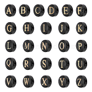 Elite 26Pcs 26 Styles Natural Sea Shell Beads, Horizontal Hole, Flat Round with Spray Painted Gold Letter, Dyed, Black, Letter A~Z, 8x5mm, Hole: 0.9mm, 1pc/style(FIND-PH0009-61)