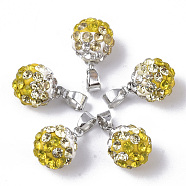 Polymer Clay Rhinestone Pendants, with Platinum Tone Iron Pinch Bail, Round, Yellow, PP12(1.8~1.9mm), 13x10mm, Hole: 4.5x3.5mm(RB-S055-38J)