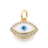 Brass Micro Pave Clear Cubic Zirconia Charms, with Enamel and Jump Rings, Golden, Evil Eye, White, 10x12x2.5mm, Hole: 3mm(KK-I691-05D)