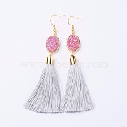 Ice Silk Thread Tassel Dangle Earrings, with Electroplated Natural Druzy Quartz Crystal and Brass Earring Hooks, Golden, WhiteSmoke, 98mm, Pin: 0.6mmg, Pendant: 80x14x7mm(EJEW-P142-B04)
